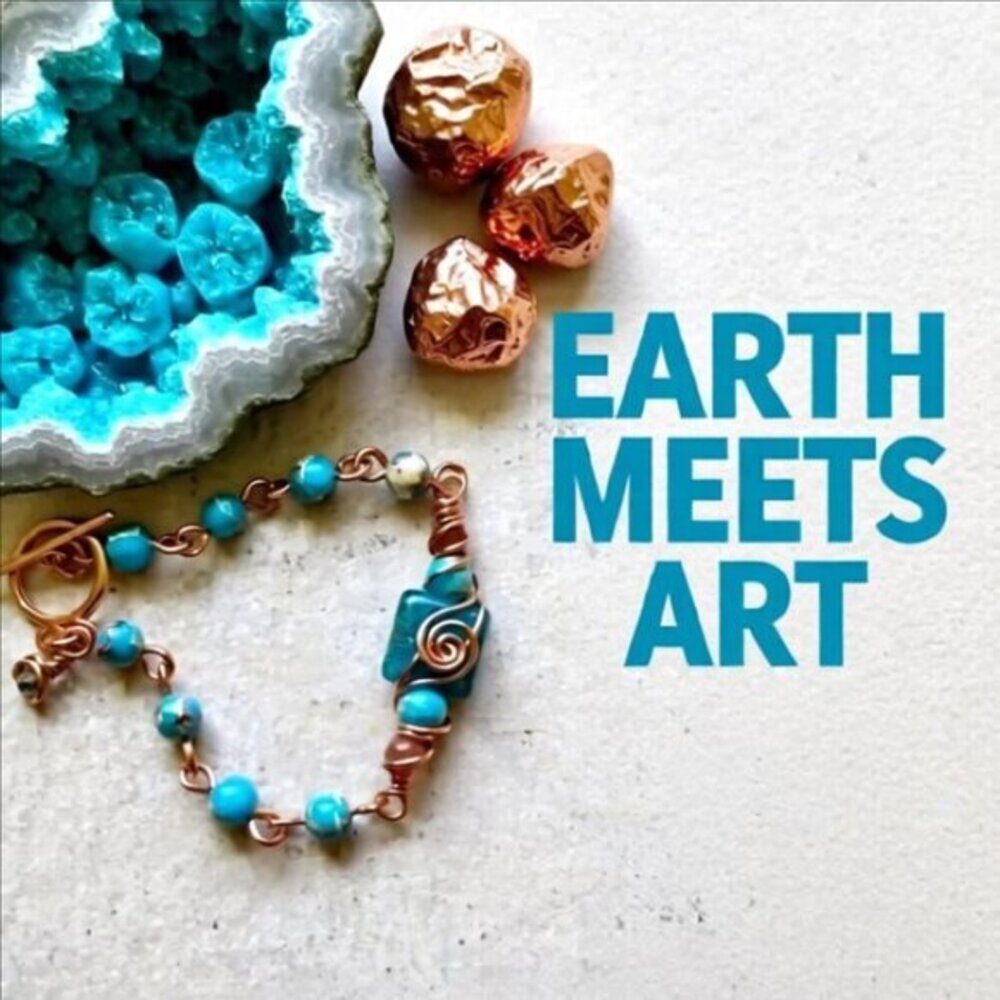 Ocean Blues Beaded Copper Bracelet! Wire Wrapped Rosary Style w. Center Focal